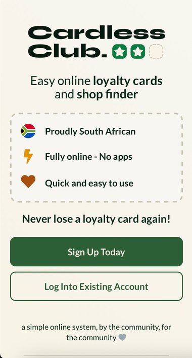 CardlessClub homepage on mobile